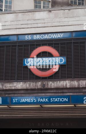 Westminster, London | UK -  2021.05.02: The entrance of the beautiful old St. James`s Park Underground Tube Station Stock Photo